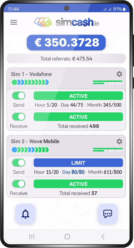 The Simcash app running on a phone
